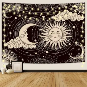 Sun and Moon Tapestry, Aesthetic Black Dark Spiritual Tapestries Mystic Burning Sun with Clouds Star Wall Hanging decor for Bedroom