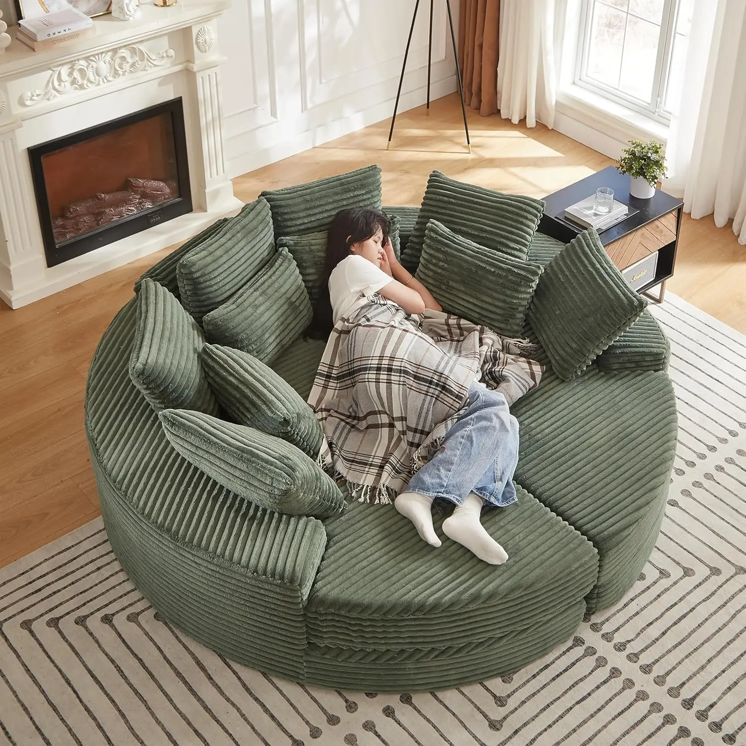 78.5" Corduroy Boneless Round Oversized Sofa, Converts into Two Recliners, 2-in-1 Sofa Bed, Convertible Lounge Chair Neck Pillow Design with Five Throw Pillows (Green, Full Circular Sofa)
