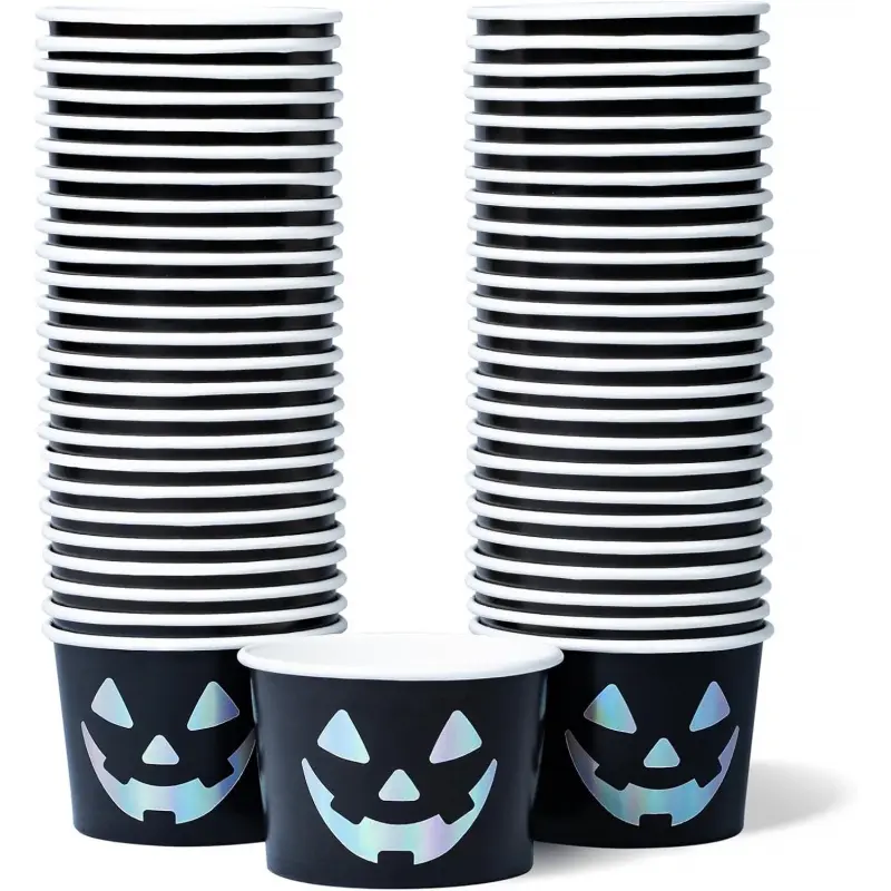 Confettiville Spooky Jack-O'-Lantern Disposable Paper Ice Cream Cups Set - 50-Count 9-Oz Black & Silver Dessert Bowls for Hot/Cold Food, Halloween Party Supplies for Ice Cream Shops, Concession Stands, Baby Shower