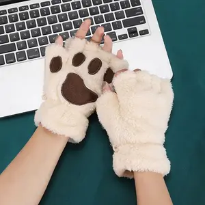 Women's Thick Plush Cartoon Cat Claw & Bear Paw Half-Finger Gloves Soft Cozy Material for Winter Warmth Ideal for 2 Key Occasions