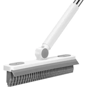 Grout Cleaner Brush with Long Handle, V-Shaped Floor Scrub Brush Swivel Grout Brush Stiff Bristle Floor Grout Scrubber for Bathroom, Tile Line, Crevice, Kitchen, Wall, Deck, Garage, White Grey