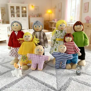 10-Piece Wooden Dollhouse Set, Jointed Cute Dress Up Dolls with Pets Dog Cat, Role-Playing Toy House Decor, Birthday Gift, Desktop Decoration