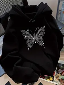 Women's Dropped Shoulder Loose Hoodie, Butterfly Print, Fashion Casual Drawstring Pocket Sweatshirt, Fall & Winter, Daily Wear, Tops