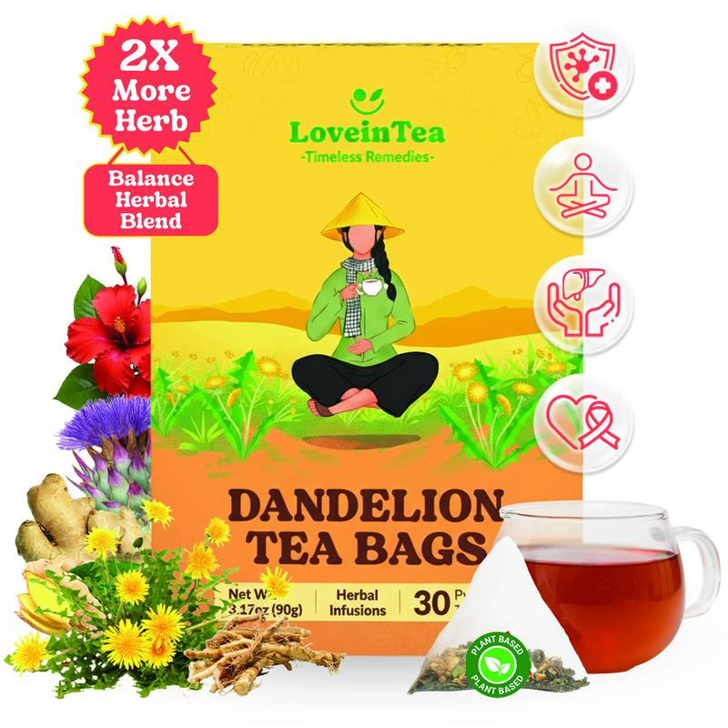 LoveinTea Dandelion Herbal Tea Bags, Detox Tea, 100% Natural Vietnamese Dandelion Blend, Caffeine-Free, Plant-Based Pyramid Bags, 30 Count