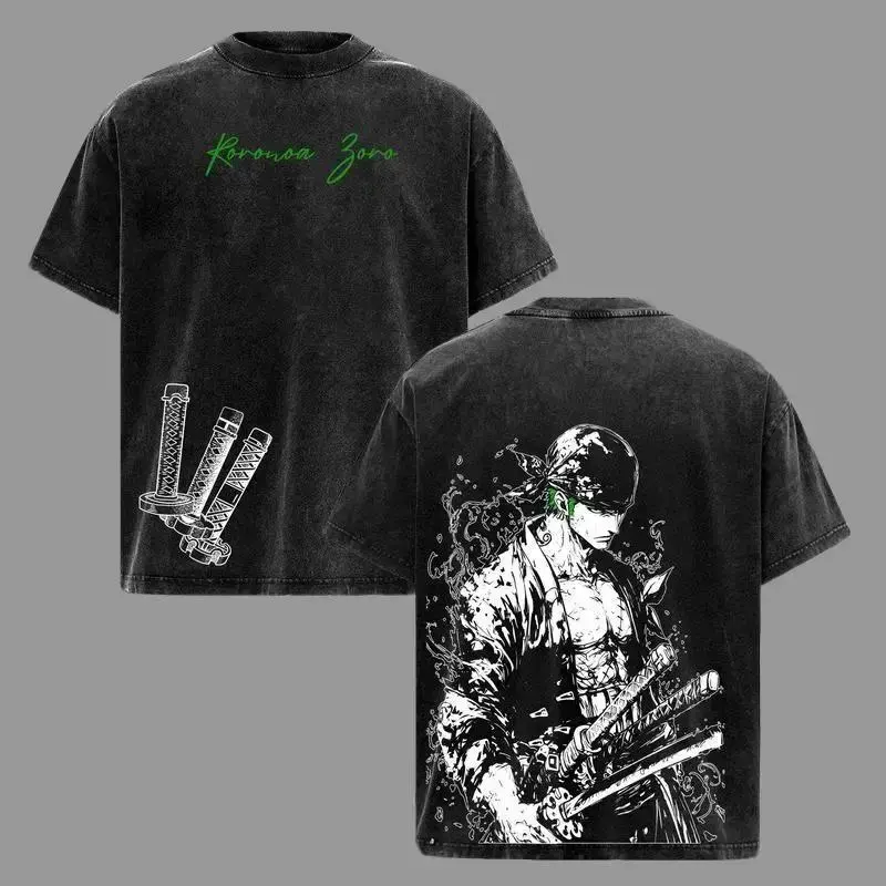 Men's Oversized Unisex Roronoa Zoro T-Shirt - 1 Piece Anime 3 Sword Style Print Tee, Short-Sleeve Casual Santoryu Graphic Top, Vintage Washed Wano Arc Green Aesthetic Streetwear, Shonen Spirit Collection Anime Gift Ideas