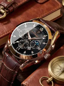 Classic Leather Men's Watch, Strap, Luminous Analog Watch, Luminous Hands, Calendar Function, Stainless Steel Case, Quartz Movement, Business Style Gift