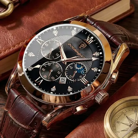 Classic Leather Men's Watch, Business Fashion Wristwatch with Strap, Quartz Wristwatches, Luminous Hands, Calendar Function, Stainless Steel Case, Quartz Movement, Business Style Gift