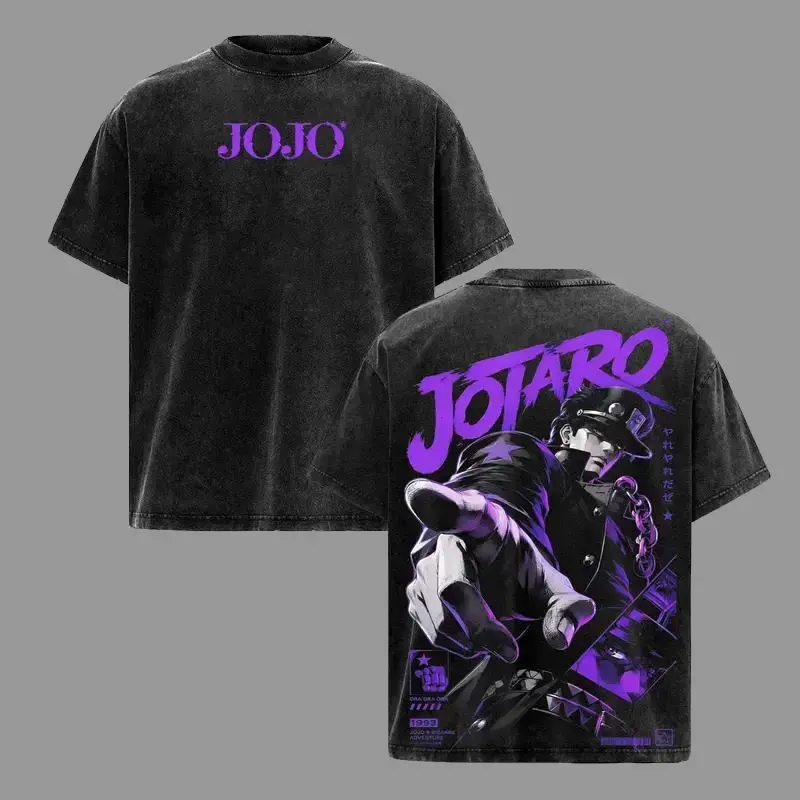 Men's Oversized Vintage Washed Heavyweight Cotton Short-Sleeve Tshirt Top - Jotaro Kujo JoJo's Bizarre Adventure Stardust Crusaders Graphic, Purple Aesthetic Streetwear, Ora Ora Unisex Manga Fan Gift, Shortsleeve, Menswear, Tops, Crew Neck, Graphic Print