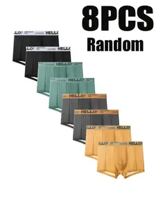 8PCS Random Men's Underwear Set, Random Men Essential Stretchy Boxer Briefs, Casual Plain Knit Shorts, Fashionable Elastic Comfort Breathable Mesh, All Seasons