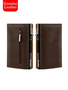 Magnetic Closure Rfid Blocking Bank Credit Card Holder Pop Up Slim Thin Minimalist Wallet Mens ID Bank Cardholder Aluminium Metal Case Coin Purse Genuine Leather Smart Wallets for Men Women,Daily Use,Gift for Dad&Husbad