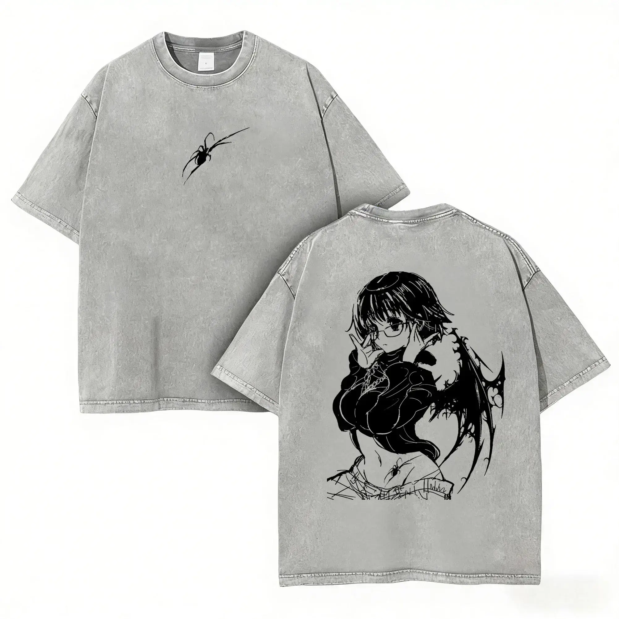 Hunter x Hunter Shizuku Spider Girl Vintage Wash Oversized T-Shirt, 100% Cotton Distressed Anime Phantom Troupe Graphic Tee for Men Women, Retro Gothic Manga Streetwear,acid gymwear merch,anime fan bleach merchandise,unisex retro anime lover