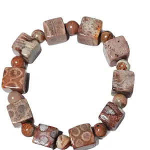 Beautiful Natural Coral Jade Cube Bracelet 7 Inches