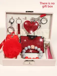 7pcs red fashion shiny rhinestone PU leather keychain and card case, fashion with tassel keychain accessories tassel, multi-color card case suitable for business cards or credit cards and other gifts suitable for women's daily life