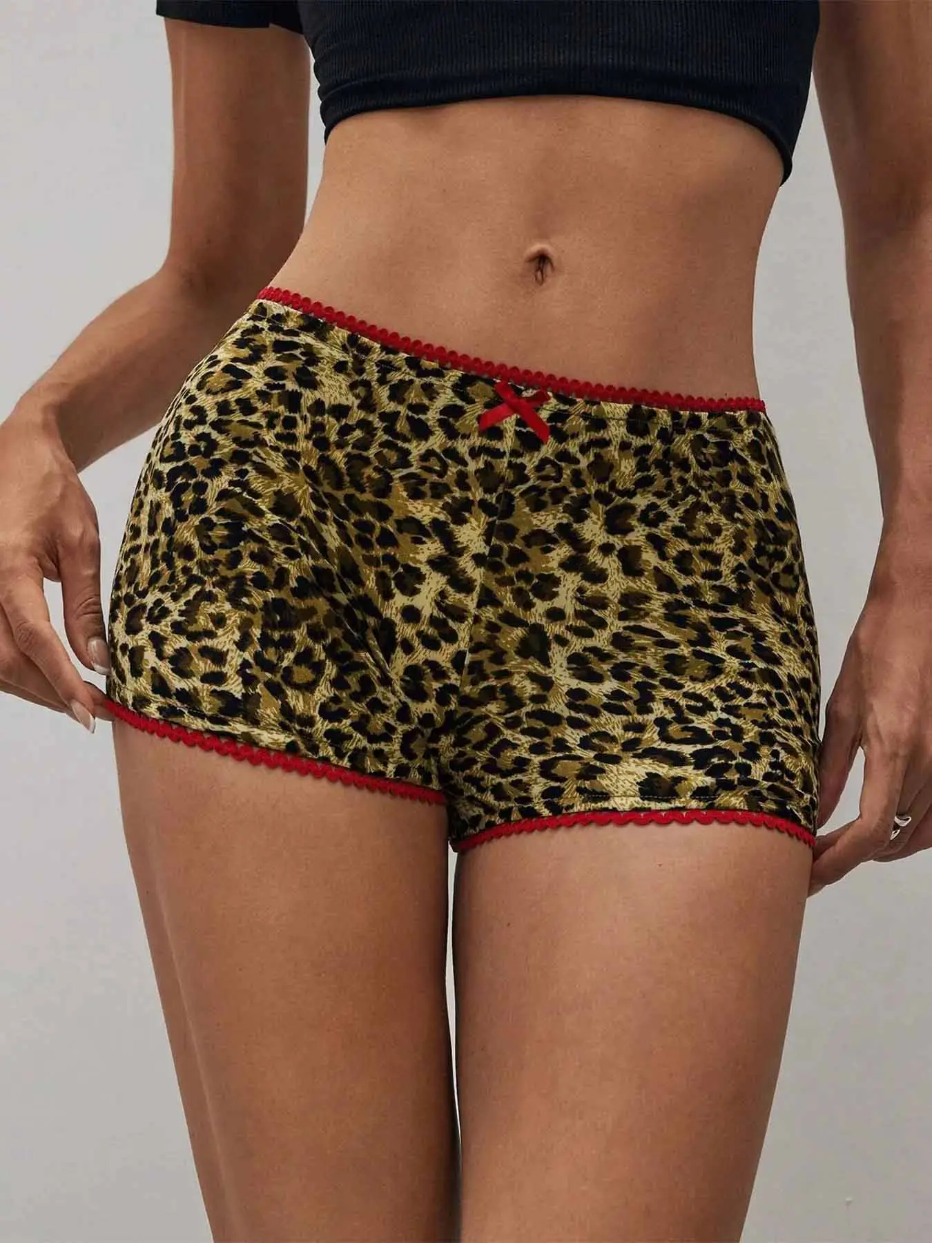 Women's Leopard Print Casual Comfortable Slim Fit Frill Trim Shorts, Fashionable Bowknot Design, All Season Wear, Versatile and Stylish