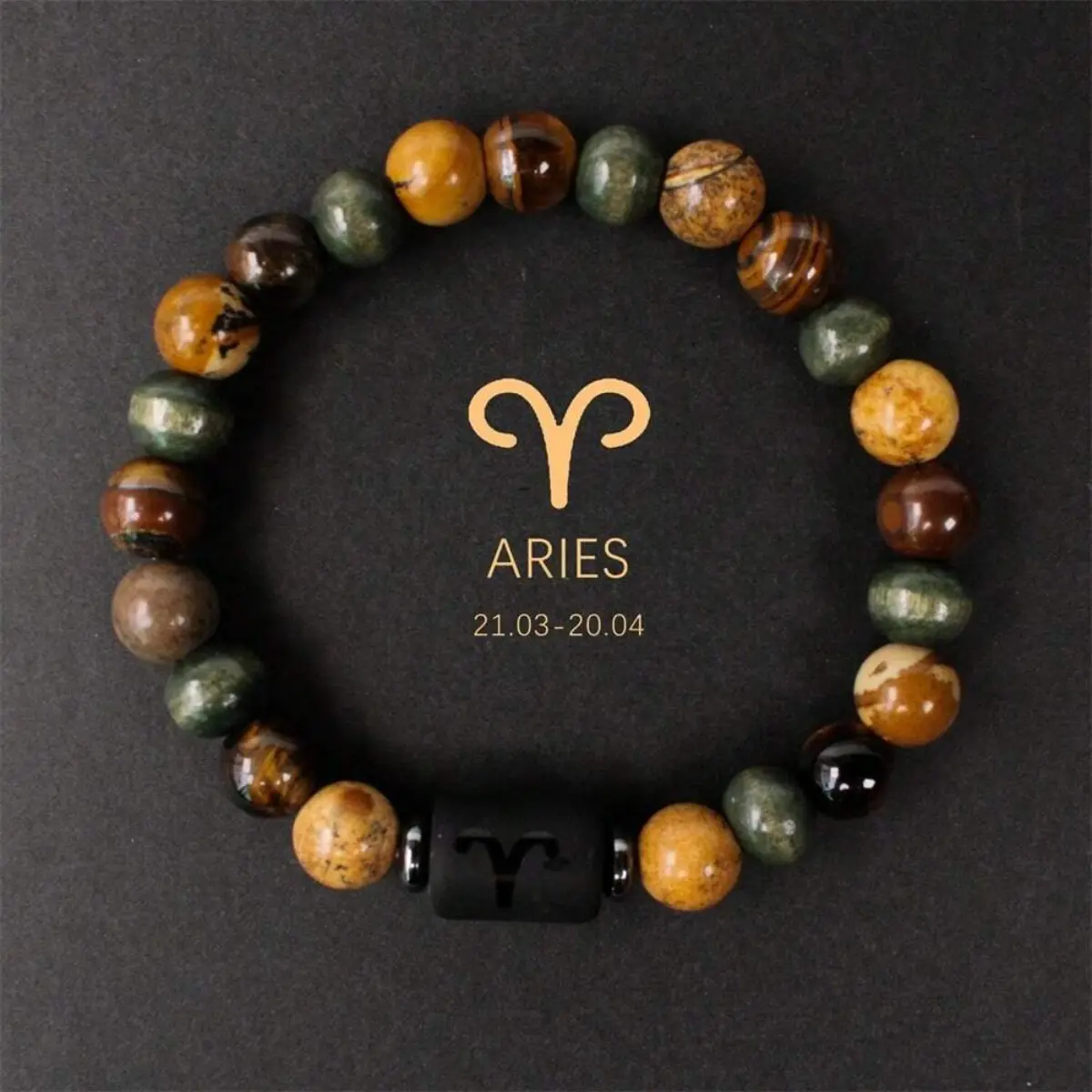 Aries Zodiac Engraved Costume Accessory with Tiger's Eye Stones, Unisex Stackable Crystal for Healing and Protection