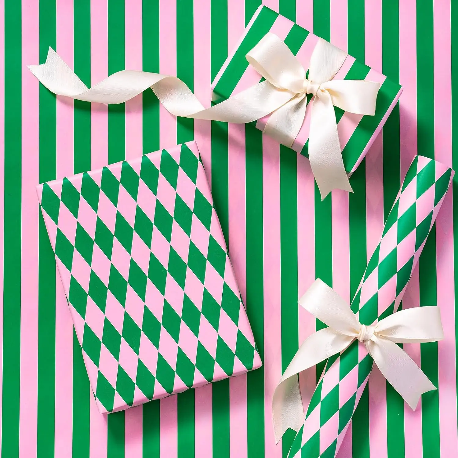 Reversible Wrapping Paper Roll, Mini Roll, Green & Light Pink Stripes and Diamond Pattern, Holiday Gift Wrap for Christmas, Birthday, Valentine's Day | Gift Wrapping Paper