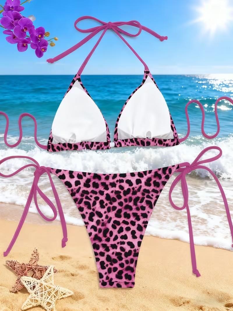 Pink Leopard Print Halter Bikini Set Sexy Side Strap Swimsuit Spicy Style Beach Vacation Women'S Split Swimsuit