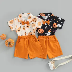 Kids Little Boys Halloween Gentleman Shorts Set Ghost/Pumpkin Print Short Sleeve Bowtie Shirt Top+ Elastic Waist Pockets Shorts