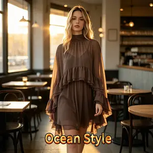 Ocean Style Two-piece chiffon dress with inner camisole, French-style loose ruffle skirt, and drapey chiffon skirt set line
