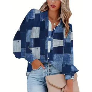 Plus Size Women's Patchwork Button Up Lantern Sleeve Tum Down Collar Casual Blouse