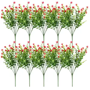 10 Pcs Artificial Fake Flowers 13.39" L x 8.6" W Faux Outdoor Plastic Plants UV Resistant Shrubs Outside Indoor Decorations (Red-Eucalyptus) Decorative Fruit