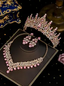Elegant Rhinestone Decorated Crown & Necklace & Earrings, Fashion Luxury Baroque Style Jewelry Set for Wedding Bridal Party Formal Occasions, Fashionable Jewelry Set