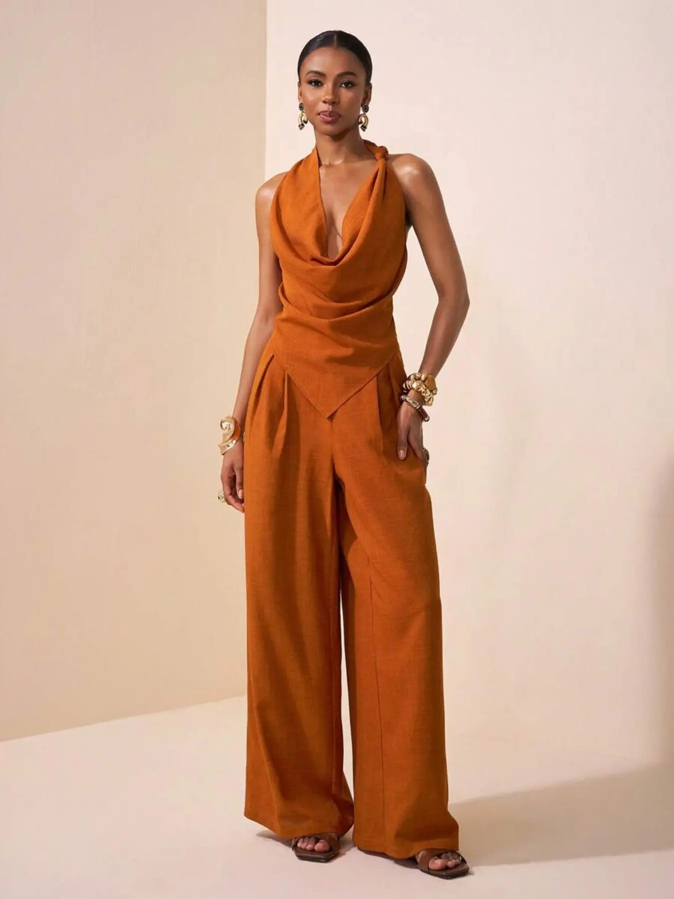 Women's New Summer Festival, Boho Style Bohemian Texture Top with Twist and Wide Leg Linen Pants Set, Casual Beach Wear, Wedding Guest Dress, Clothes