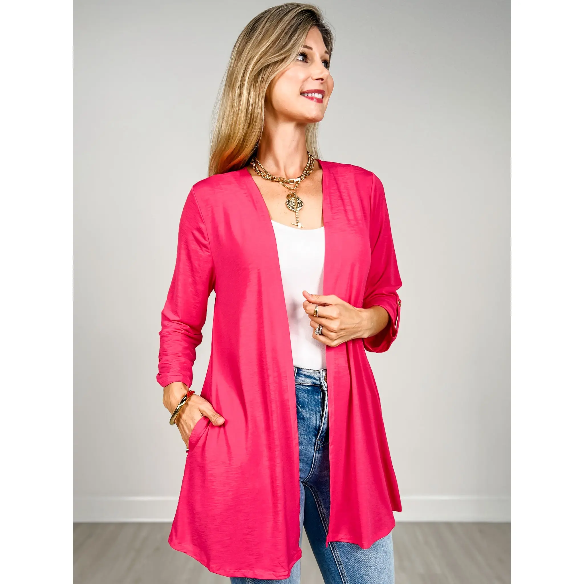 3/4 Sleeve Open Front Lightweight Cardigan in Fuchsia