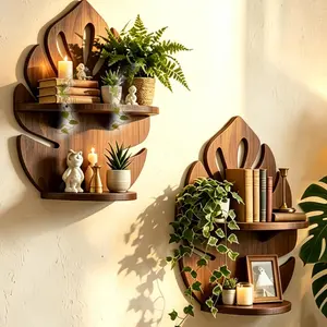 Valpeak 2 Pack Double Layer Wooden Wall Shelf 15.8"*12.4" Palm Leaf Plant Shelf for Living Room, Bedroom, Kitchen, Office Decor