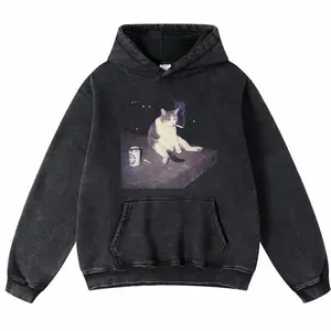 FUNNY CAT Hoodie Womenswear Vintage High-Quality Crew Neck oversized loose Fit Cotton Fabric Casual Comfort Windproof Warm Funny Long Sleeve Sweatshirt Fashion for Men and Women Top Daily Wear 102003 K