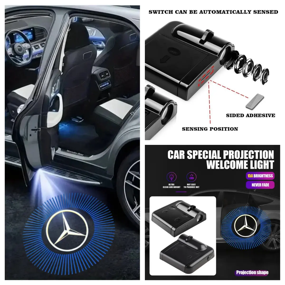 4 Pcs Mercedes Emblem Car Welcome Light - Exclusively Fits C-Class/E-Class/S-Class Vehicles, Easy Stick-on Non-Damaging Installation, Ambient Door Light