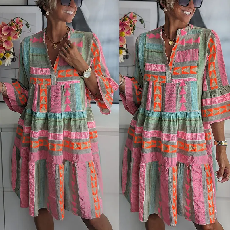 Women's 2026 New Autumn Fashion Printed V-Neck Three-Quarter Sleeve Dress