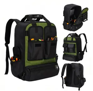 Tool Backpack, 12"L x 9.5"W Heavy Duty Large Capacity Waterproof Molded Hard Bottom 1680D Oxford Fabric Padded Straps HVAC Electrician Construction