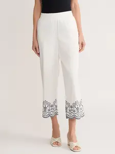 Scallop Hem Embroidered Pant, Linen