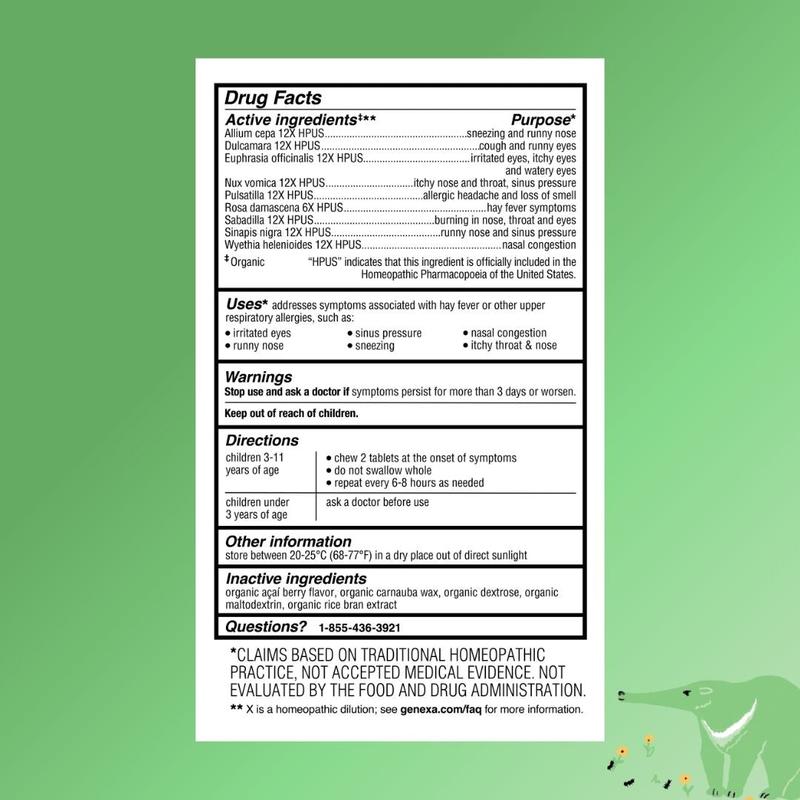 Genexa Kids Allergy Care | Drug Free, Non-Drowsy Children's Allergy & Decongestant Remedy | Vegan & Non-GMO | Homeopathic Relief Made Clean | Delicious Organic Acai Berry Flavor | Chewable Tablets Ages 3-11