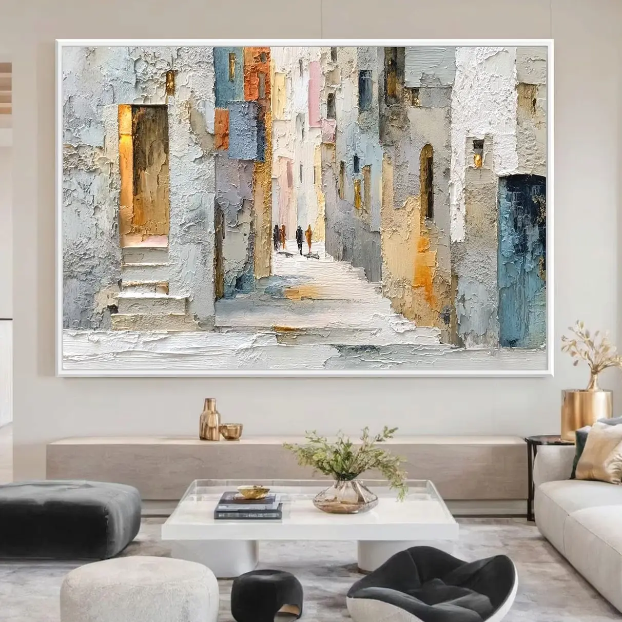 Textured Cityscape Canvas, Beige Palette Knife Impasto Painting, European Alleyway Wall Art, Neutral Home Decor F