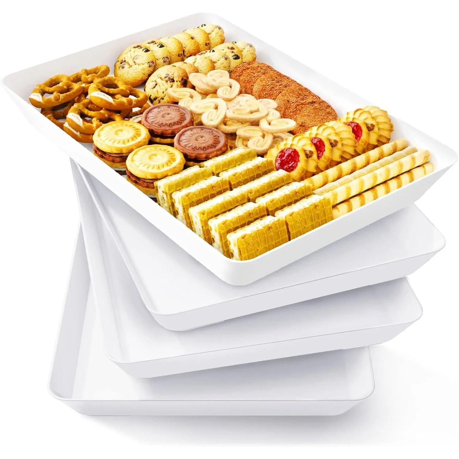 BPA-Free Reusable Plastic Dessert Serving Trays - 4 White Rectangular Kitchen Platters, Buffet Appetizer Tableware, New Year Party Supplies