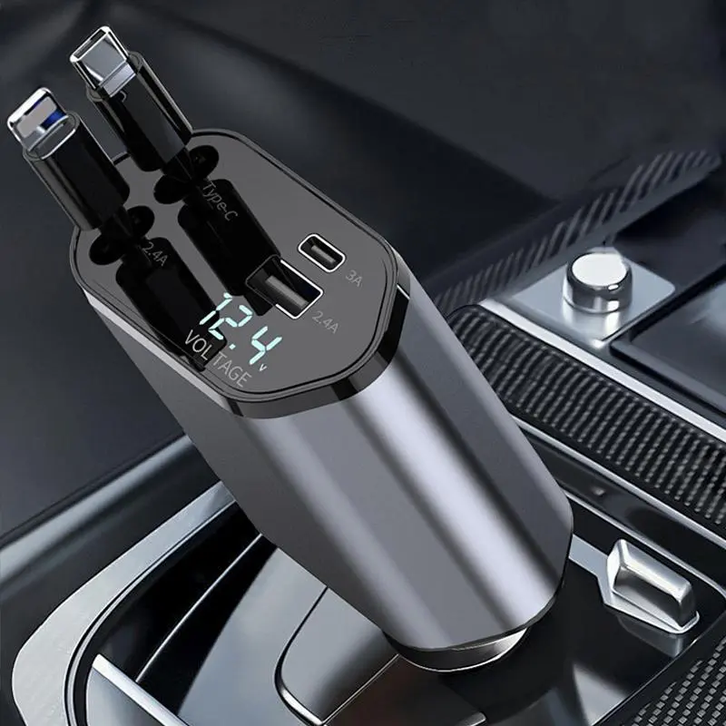 Retractable Cable Design 4 In 1 Car Charger, Dual Ports USB-C Fast Charging Car Charger, Universal Car Electrical Appliances For Car Power Delivery Voltage Monitor Pd
