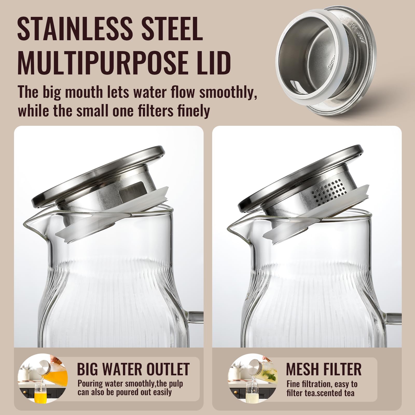 2-Pack Classic Stripes 68oz (2-Liter) Square Borosilicate Glass Pitcher Set, Silver Lids & Handles, Fridge-Safe Jugs for Hot/Cold Brew Drinks, Iced Tea