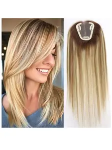 14Inch Honey Blonde Highlight Human Hair Toppers Balayage Hair Pieces For Women Light&Breathable Lace Straight Clips In Toppers Human Hair Extensions For Woman Toupee Hair Replacement
