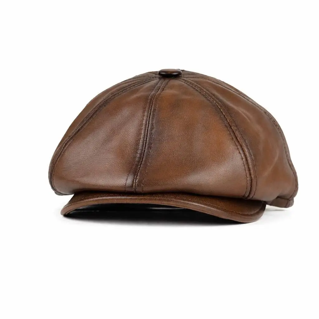Multi-Size Vintage Sheepskin Leather Flat Cap - Classic Cabbie Driver Ascot Hat for Modest Fashion Prayer Attire Peci Use
