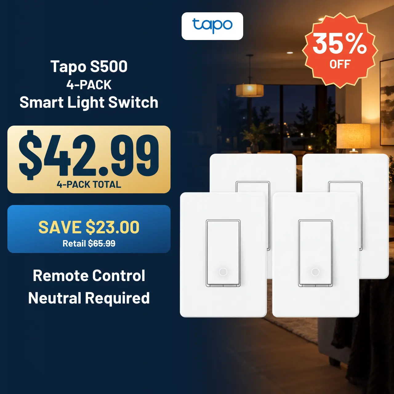 TP-Link & Tapo S500 (4-Pack)  Single-Pole Smart Light Switch | Matter-Ready* | Works with Alexa, Google & Samsung Bixby | App & Voice Control | Scheduling & Away Mode | Neutral Wire Required | UL Certified | No Hub Needed #SummerWins #DealsForYouDays, Wir