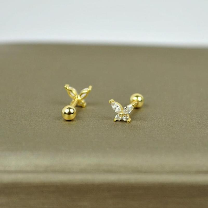 925 Sterling Silver 18K Gold CZ Butterfly Screw Back Stud Earrings for Women Cartilage Tragus Earlobe Conch Piercing Jewelry