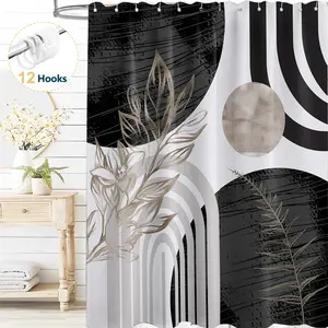 Boho Shower Curtain with Hooks, Modern Abstract Fabric Bathroom Curtain, 72" x 72", Black White