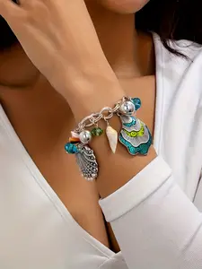 Boho Shell Starfish Beaded Bracelet, Iron Chain Material, Exaggerated Ocean Style, Boho Style Bangles, Women's Fashion Jewelry, Perfect for Beach Vacation Gift
