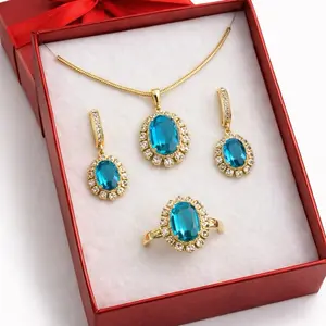Gold Plated Blue Set - Elegant Jewelry Collection with Pendant Earrings Ring and Necklace for Women