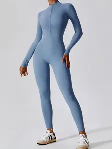 Women's Solid Long Sleeve Zipper Sports Jumpsuit, Sporty Jumpsuit, Comfortable Long Sleeve Bodycon Jumpsuit for Yoga Gym Workout Activewear Fitness, Ladies Sportswear for All Seasons