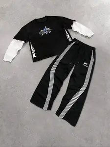 Two-piece Set Men's Letter Print 2 in 1 Knit Tee & Side Stripe Pocket Pants Set, Regular Fit Casual Round Neck Long Sleeve Top & Elastic Waist Trousers, Men's Spring & Fall Clothes, Men's 2 Piece Set