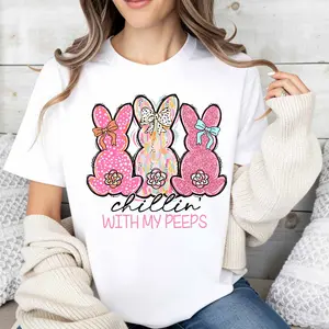 Chillin With My Peeps Easter Bunny T Shirt Spring Festival Cute Rabbit Print Women Casual Top For Easter Party And Daily Wear
