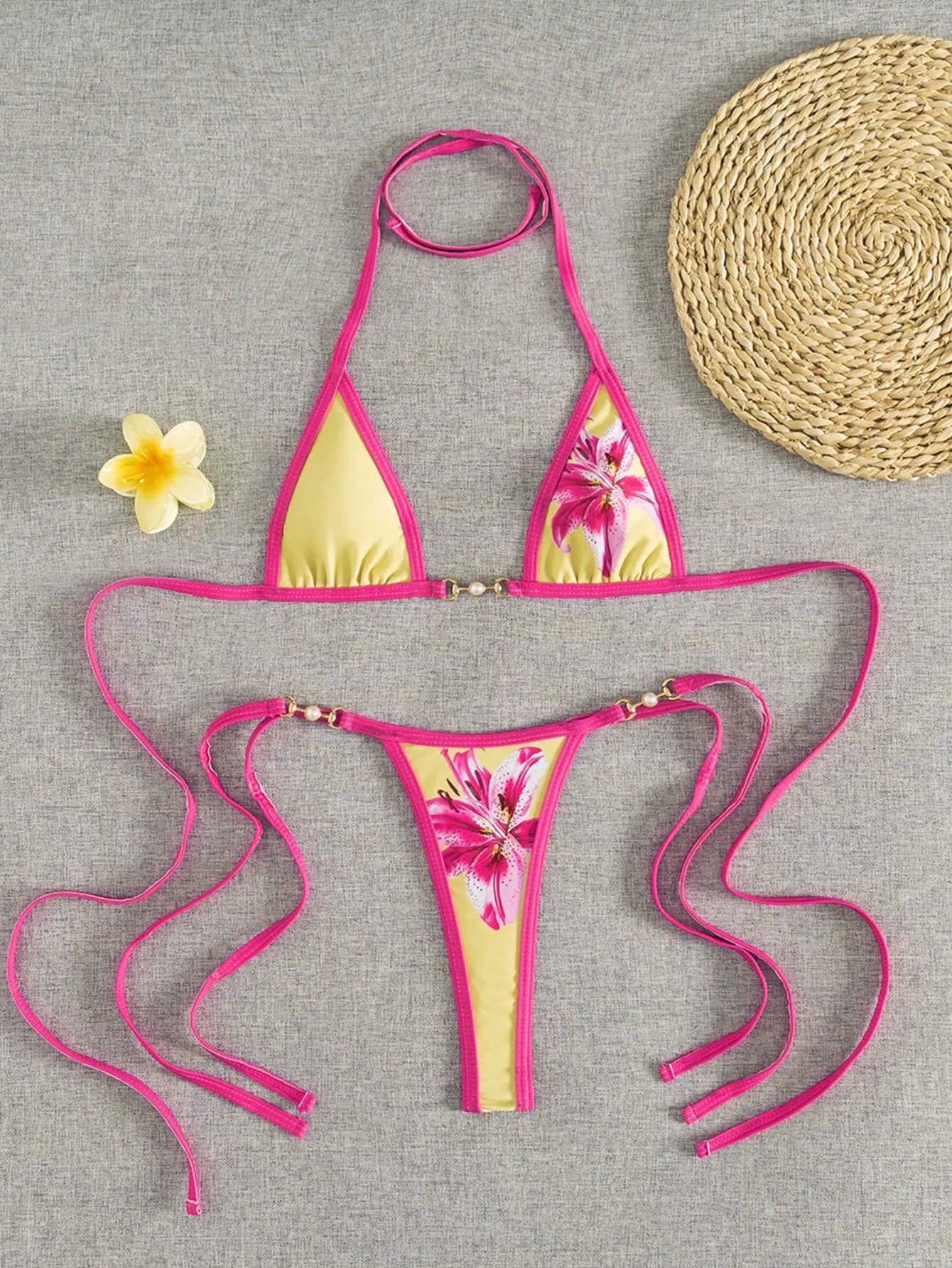 AESS 2pcs Women's Floral Print Spaghetti Strap Backless Micro Triangle Top And Thong Sexy Bikini Set